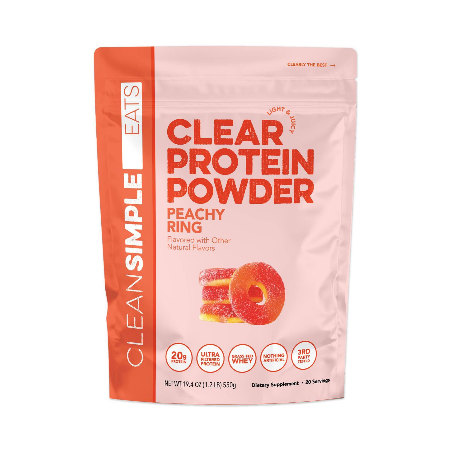 Clean Simple Eats Clear Protein Powder- Peachy Ring - 20g Whey Isolate Protein - 19.4oz/20 servings