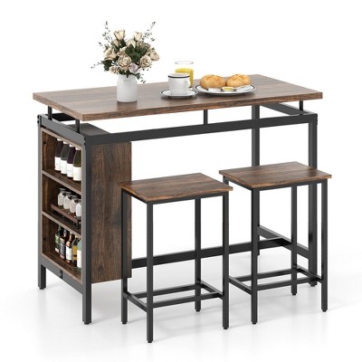 Tangkula 3-Piece Dining Table Set Bistro Table & 2 Bar Stools w/ 3-Tier Storage Shelf