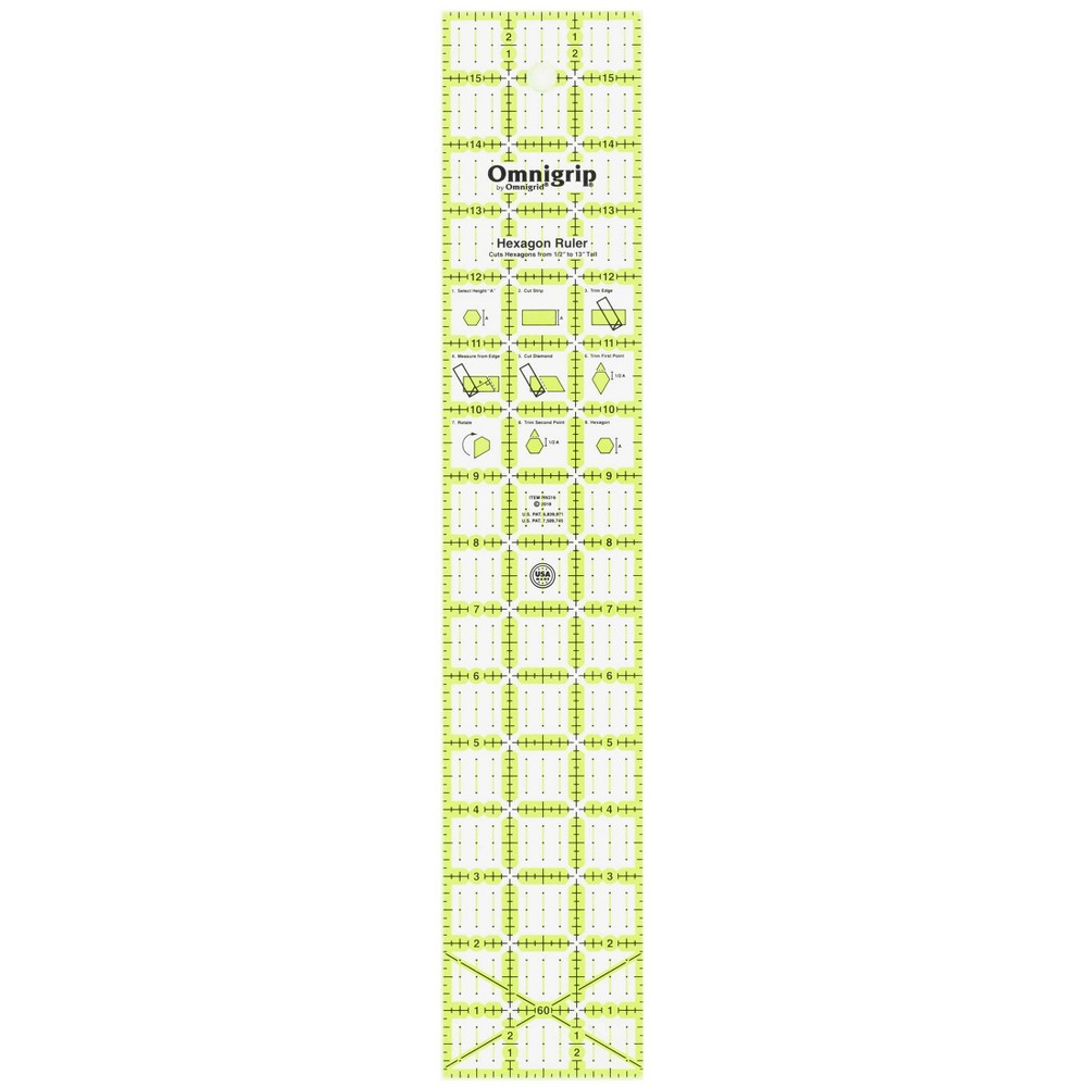 Omnigrid 3" x 16" Non-Slip Hexagon Quilting Ruler: Sewing Ruler for Quilting, 16" Length, 3" Width, Sewing Tools