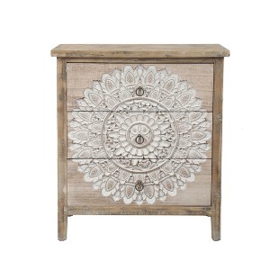LuxenHome 3-Drawer 28.2" H x 25.2" W Natural Wood White Floral Accent Chest. Brown - 1 of 4