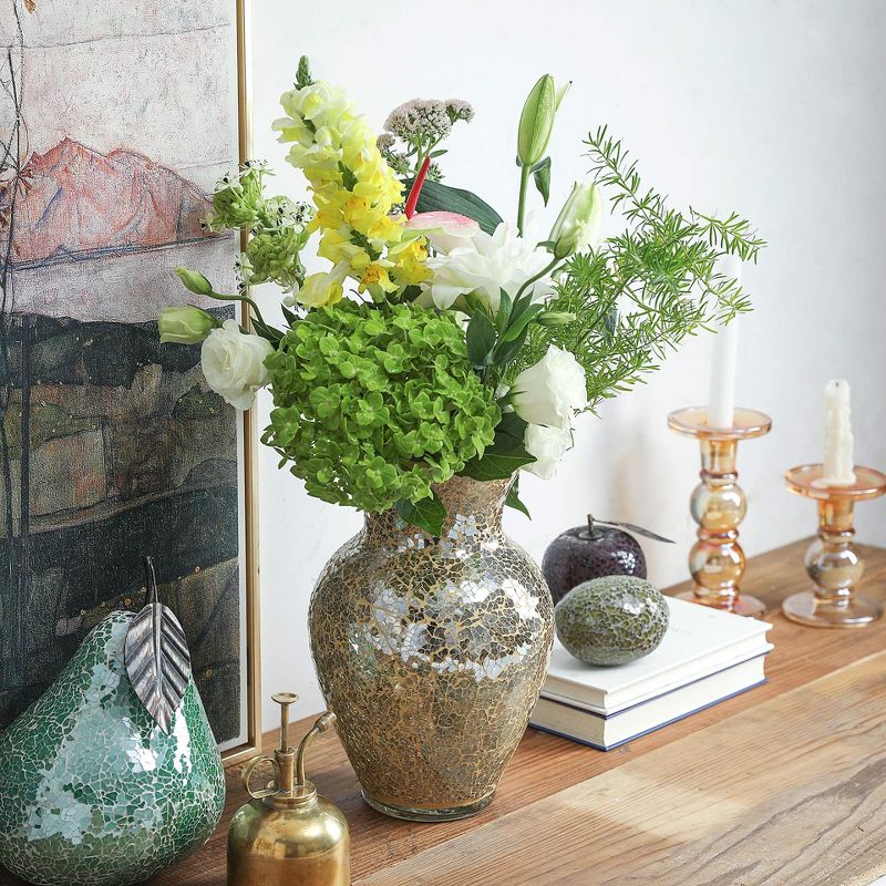 WHOLE HOUSEWARES | Mosaic Glass Vase | 10.5" Home Décor Centerpiece | Elegant Glass Flower Vase for Living Room (Gold), 3 of 7