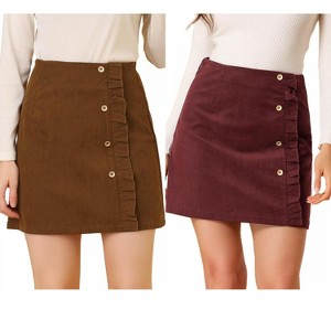 INSPIRE CHIC Women's Corduroy Vintage Button Decor Ruffled Trim High Waist Mini Skirt 2 Packs - 1 of 4