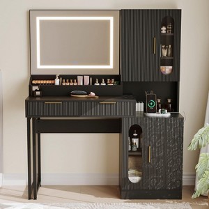 Vanity Desk with Mirror,Fluted Vanity Table with Drawers and Cabinets,Modern Makeup Desk with Charging Station,Large Capacity for Bedroom - 1 of 4