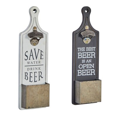 Wood Sign Beer Bottle Opener 2 Storage Slot Wall Decor Set of 2 Multi Colored - Olivia & May