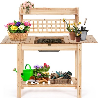 Costway Garden Potting Bench Workstation Table w/Sliding Tabletop Sink Shelves