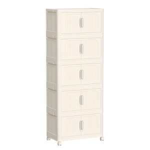 FONTOI 5 Tiers Folding Storage Cabinet with Wheels, Collapsible Storage Bins, Closet Organizers, Cream White, 11.81"*50"*19.69" - 1 of 4
