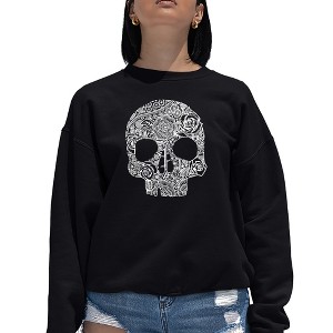 LA Pop Art Women's Word Art Crewneck Sweatshirt - Flower Skull - 1 of 4