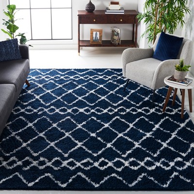 Ivory and Navy 8' x 10' Synthetic Shag Area Rug