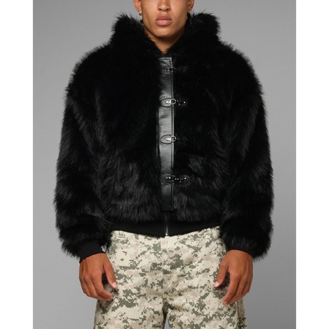 LOITER Mens Eastern Bloc Faux Fur Jacket - Black L