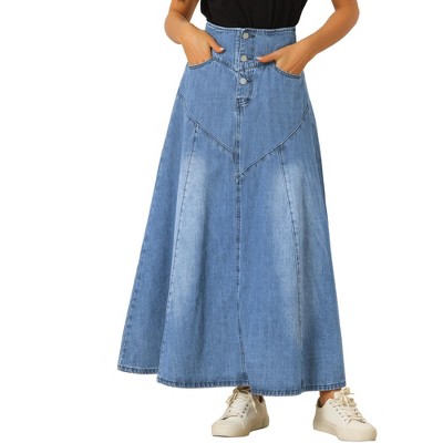 Allegra K Women's Casual High Waisted A-Line Flared Maxi Denim Skirt