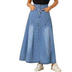 Allegra K Women's Casual High Waisted A-Line Flared Maxi Denim Skirt - 1 of 4