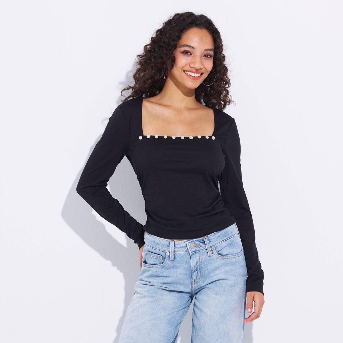 Women's Long Sleeve Button-Detailed Square Neck Jersey Top - Wild Fable™