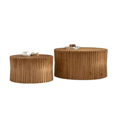 Vynxaria Vintage Cylindrical Nesting Coffee Table Set ¨C 2-Piece Vertical Textured Design for Living Room, Office & Dining Room
