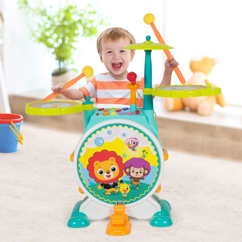 Costway 3-Piece Electric Kids Drum Set Musical Toy Gift w/Microphone Stool Pedal, 5 of 11