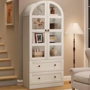 Coolmee 71 Inch Tall Arched Bookcase Cabinet, Wood Bookshelf with Doors & Drawers, Large Display Cabinet with Storage for Office Living Room - 1 of 4