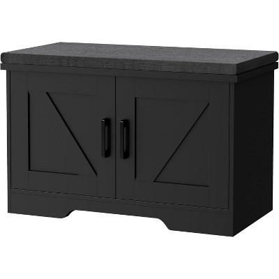 2-Tier Storage Bench with Padded Seat & Barn Doors - Entryway Shoe Organizer with Adjustable Shelf, Functional and Stylish