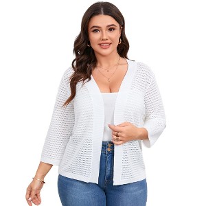 YESFASHION Womens Plus Size Summer Cardigan 3/4 Length Sleeve Sweaters Lightweight Casual Knitted Open Front Cardigans - 1 of 4