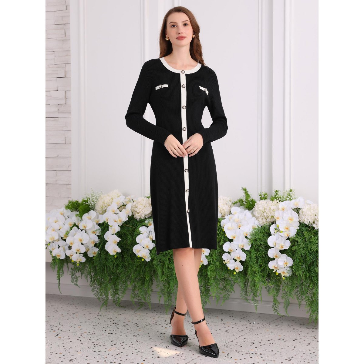 Женские платья INSPIRE CHIC Women's Knit Long Sleeve Contrast Color Midi Sweater Dress Black Small — фото 3
