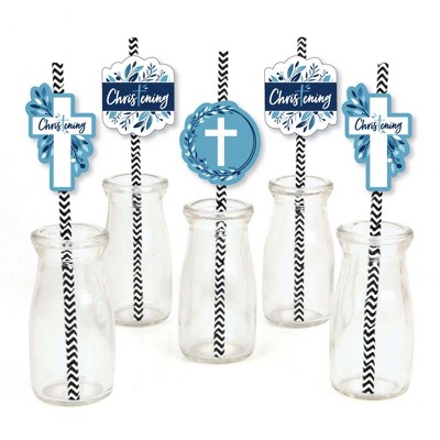 Big Dot of Happiness Christening Blue Elegant Cross - Paper Straw Decor - Boy Religious Party Striped Decorative Straws - Set of 24