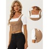INSPIRE CHIC Women's Contrast Puff Sleeve Square Neck Lace Up Faux Suede 2 in 1 Crop Top - 2 of 4