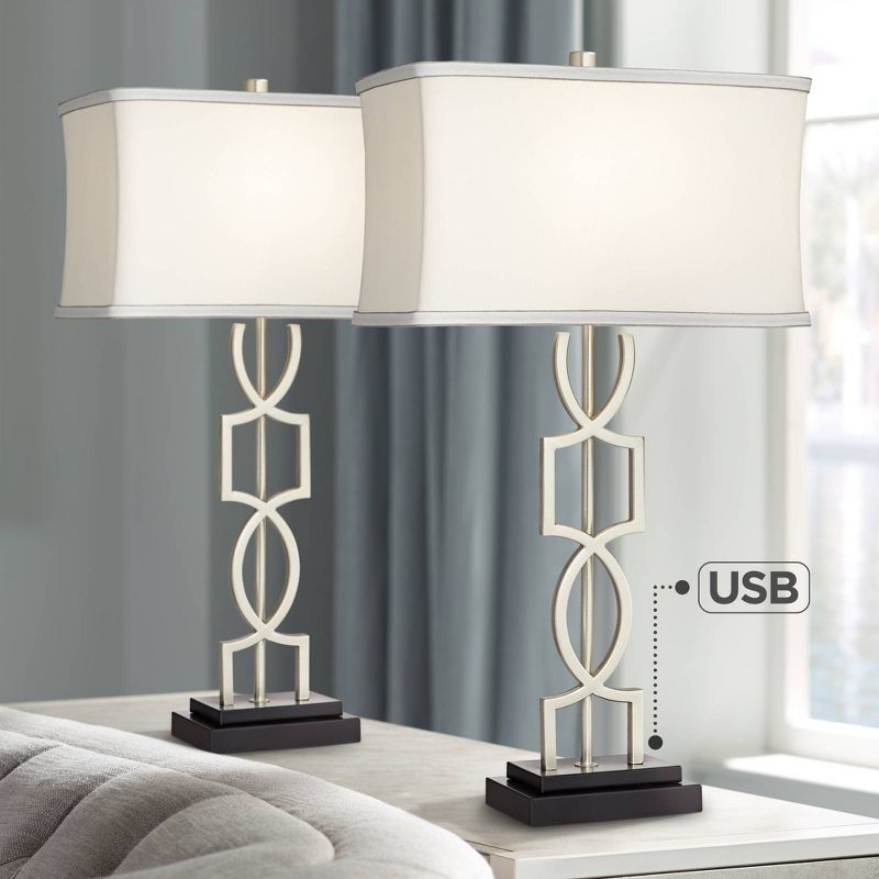 360 Lighting Evan Modern Table Lamps 28 1/2" Tall Set of 2 Brushed Nickel with USB Charging Port White Rectangular Shade for Bedroom Living Room House, 3 of 11