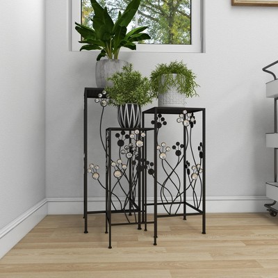 Set of 3 Black Iron Floral Plant Stands