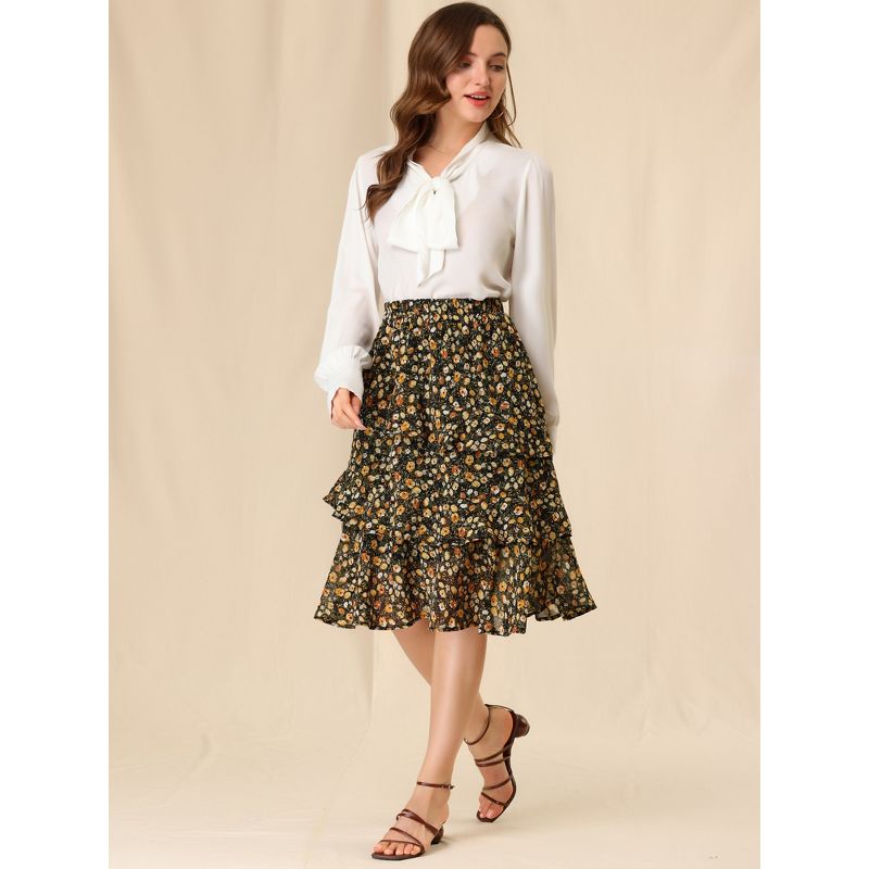 Allegra K Women's Floral Layered Elastic Waist Chiffon Ruffle Midi Skirt, 3 of 7