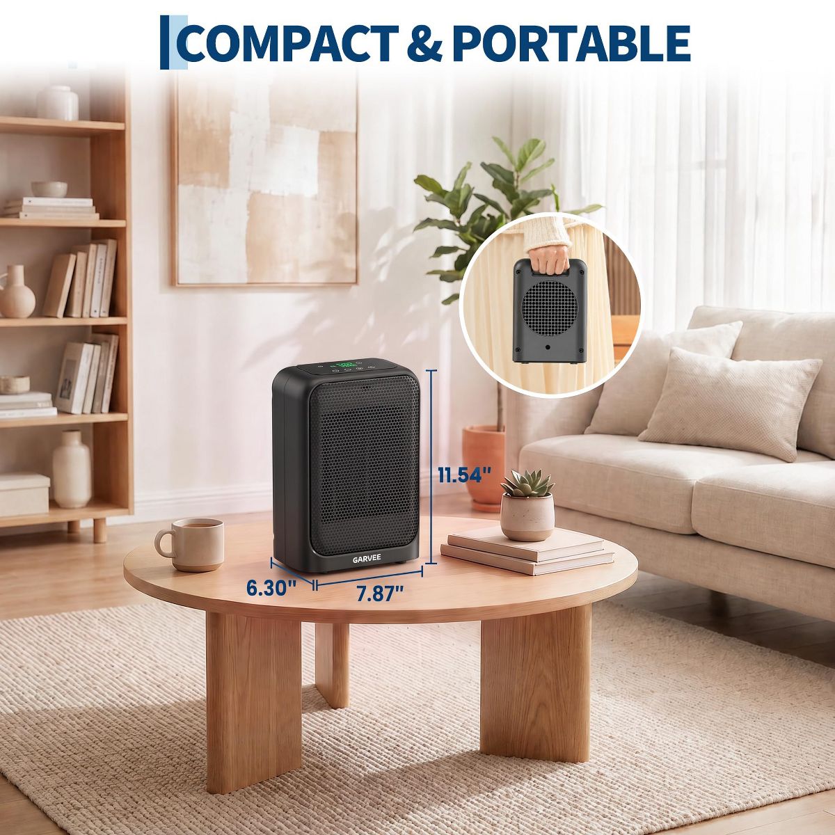 Ceramic Space Heater, 1500W Portable PTC Desk Heater, 3 Heating Levels & Fan Mode, Thermostat, Tip-Over Protection, Quiet for Office Bedroom - thumbnail 6