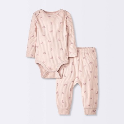 Baby Girls' 2pc Butterflies Wide Ribbed Top & Bottom Set - Cloud Island™ Pink 12M