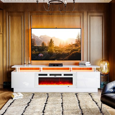 AOXUN 80" Modern Electric Fireplace TV Stand for TVs Up to 90 inch, with Electronic Flame and LED Lights, TV Console Cabinet, White