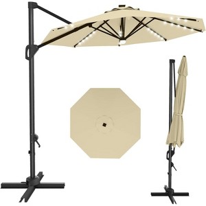 TackView 10Ft Patio Cantilever Umbrella with Solar LED Lights, 8 Ribs Offset Market Umbrella, 360-Degree Rotation, with Cross Base for Backyard - 1 of 4