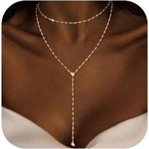 Dainty Y-Shaped Pendant Necklace: 14k Gold Plated/Silver Beaded Chain, Trendy Long Lariat for Women - 1 of 4