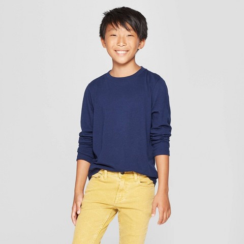 Cat & Jack Boys' Long Sleeve T-Shirt - Cat & Jack™ Navy L: Pullover, Below Waist