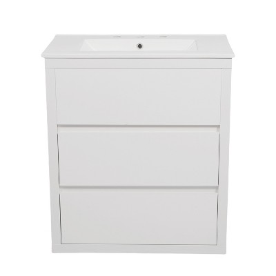Vynxaria 30 Inch Bright White Handle-Free Bathroom Vanity with Ceramic Sink One Complete Unit Dual Full-Extension Soft-Close Drawers 45 Degree Beveled