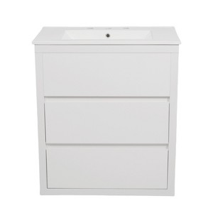 Vynxaria 30 Inch Bright White Handle-Free Bathroom Vanity with Ceramic Sink One Complete Unit Dual Full-Extension Soft-Close Drawers 45 Degree Beveled - 1 of 4