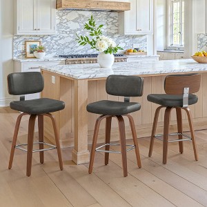 Arceso Swivel Counter Height Bar Stools, 26" Upholstered Seat Barstools with Back Walnut Wood Legs, Mid-Century PU Leather Bar Stools with Footrest - 1 of 4