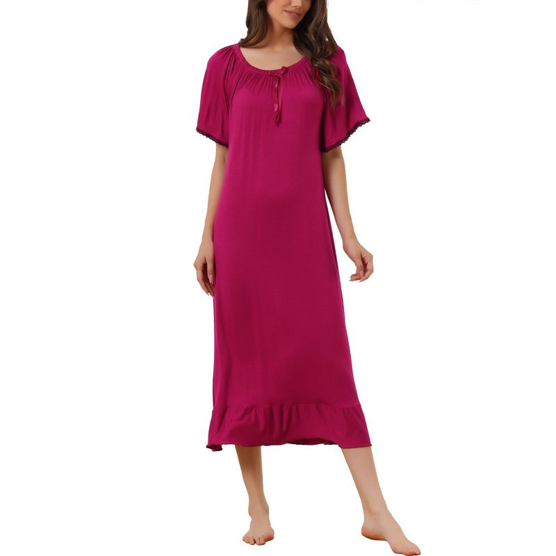 cheibear Womens Sleepwear Pajamas Dress Ruffle Short Sleeve Midi Nightgowns, 1 of 6