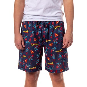 DC Comics Superman Pajama Shorts Men's All Over Print Lounge Bottoms Navy Blue - 1 of 4