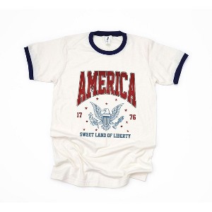 Simply Sage Market Women's America Land Of The Liberty Eagle Short Sleeve Ringer Tee - 1 of 3