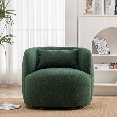 Green Boucle Upholstered Swivel Barrel Accent Chair with Wood Frame