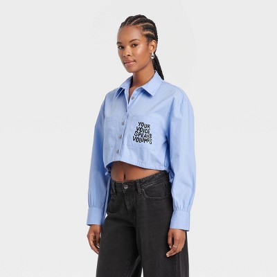 Black History Month Women's Long Sleeve Woven Cropped Top - Blue