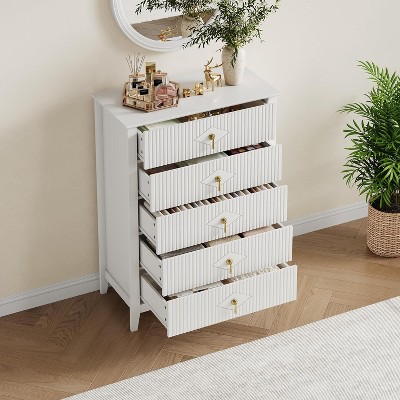 42.9”Tall Fluted 5-Drawer Wood Dresser–Modern Chest of Drawers & Storage Organizer for Living Room, Hallway, Entryway