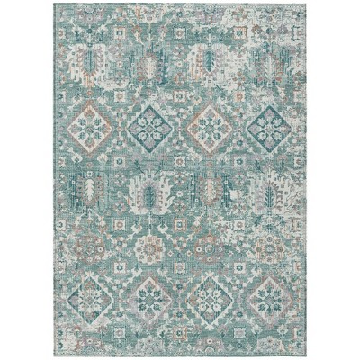 Pale Aqua And Copper Floral Medallion Washable Indoor Outdoor Area Rug
