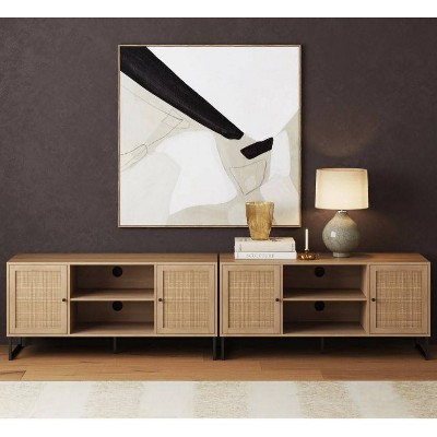 Mina Light Oak and Rattan TV Stand Set with Matte Black Accents