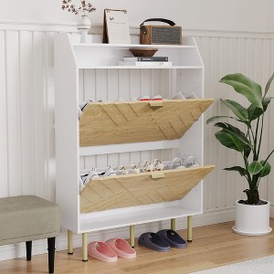 Wooden Shoe Cabinet with 2 Flip-Top Drawers, Narrow Freestanding Shoe Rack with Open Shelves, Concealed Shoe Rack for Entryways, Living Rooms - 1 of 4