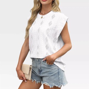 Womens Summer Tops Eyelet Embroidery Cap Sleeve Shirts Crew Neck Sleeveless Blouse Tunic Tops Casual Beach Tops - 1 of 4