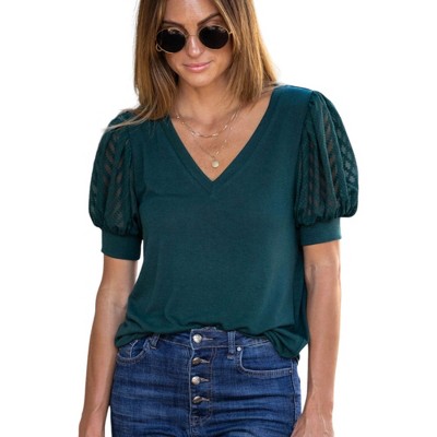 Amaryllis Women's Short-Sleeve V-Neck Top Puff Sleeves Lace Detail Elegant Blouse