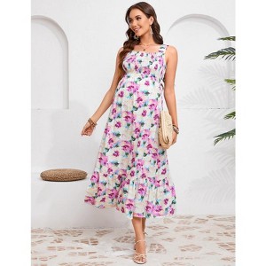 Women's Maternity Dress Boho Spaghetti Strap Square Neck Dress Floral Casual Ruffle Nursing Maxi Dress Baby Shower - 1 of 4