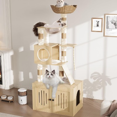 Cat Tree with Litter Box Enclosure, Cat Tower with Sisal Scratching Posts