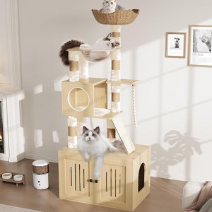 Cat Tree with Litter Box Enclosure, Cat Tower with Sisal Scratching Posts - 1 of 4
